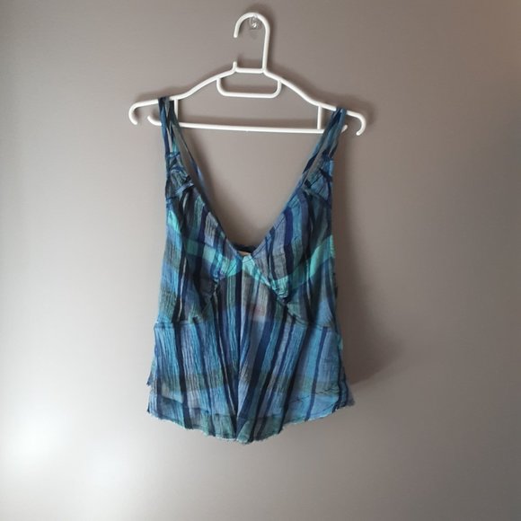 Free People We the Free Blue Plaid Cotton Cami Sleeveless Top Size Small - Picture 5 of 16